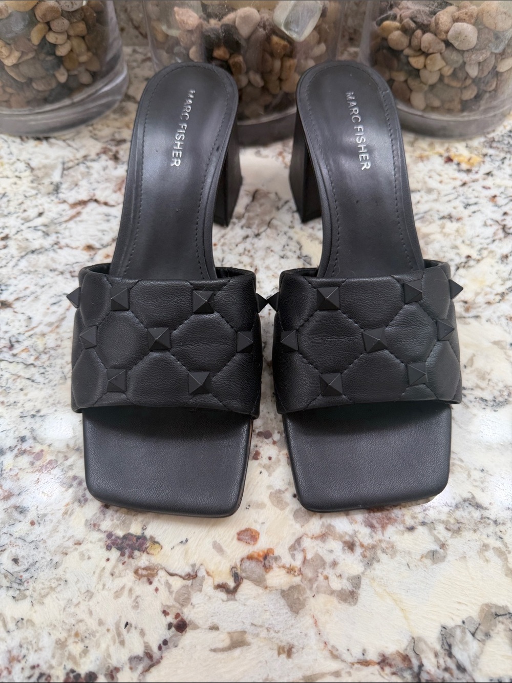 Marc Fisher Black Quilted Stud Slide Heels